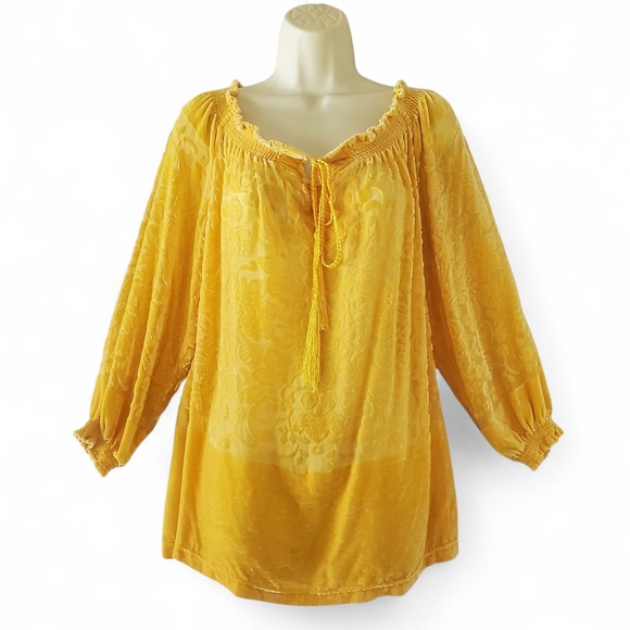 Sundance Tops - SUNDANCE Gold Floral Velvet/Silk Blend Burnout Ruffle Notch Neck Tunic Women's S